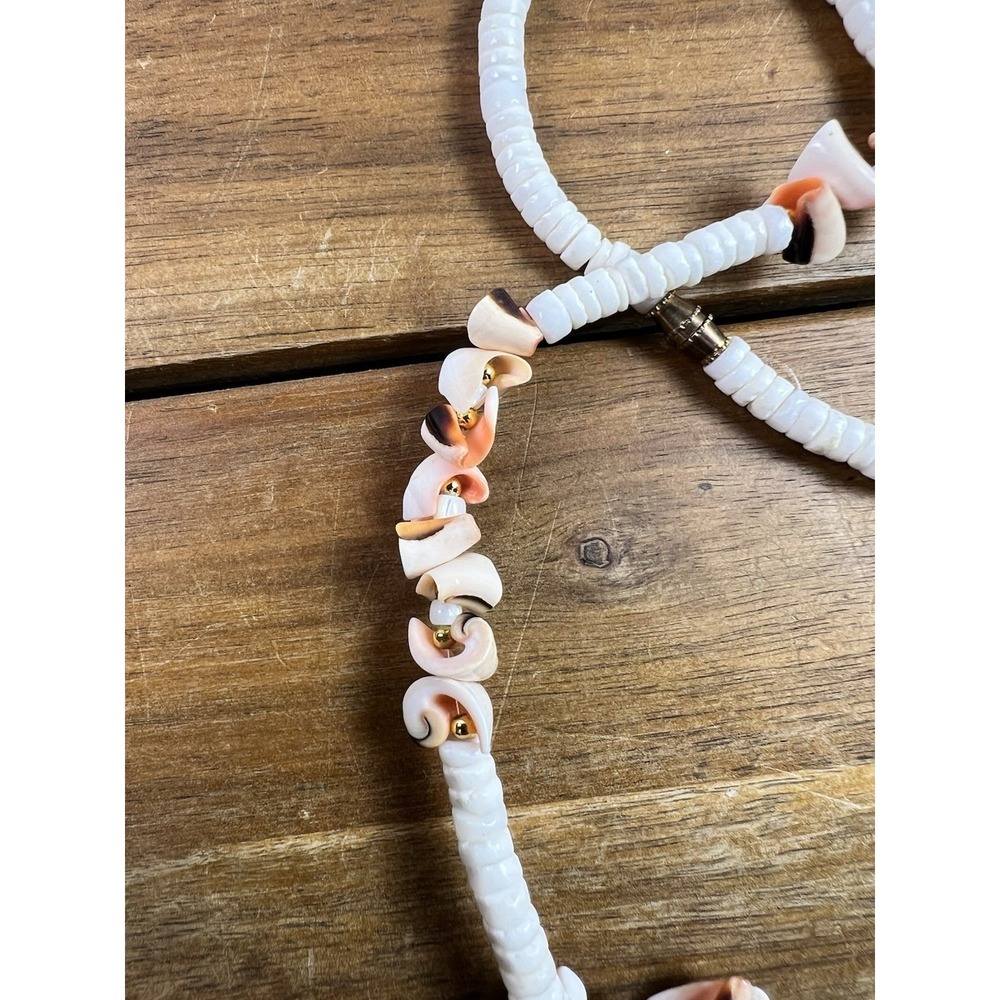 Vintage Coastal Shell Heishi Bead Necklace Bracelet Set Boho Beachy Peach White - Picture 8 of 9